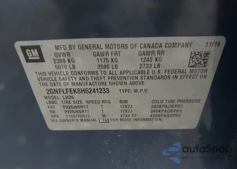 2017 Chevrolet Equinox Lt z USA, uszkodzony, nr VIN 2GNFLFEK8H6241233